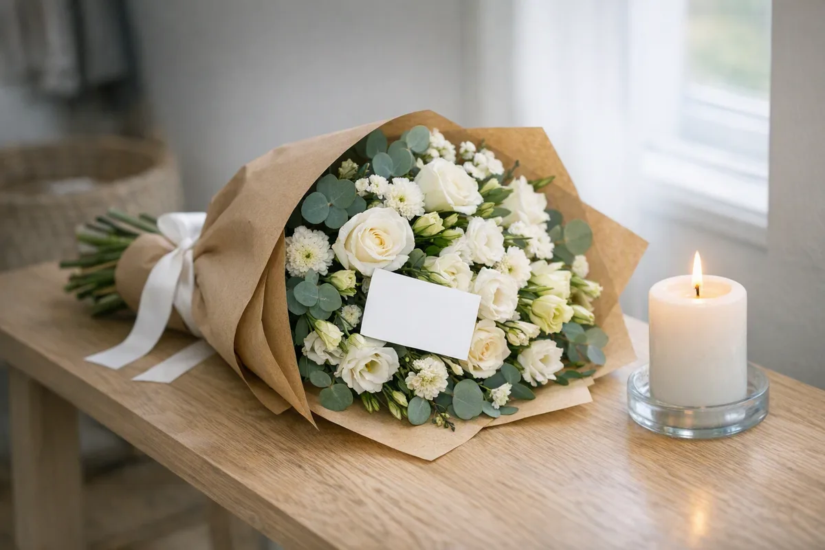 Bouquet de condoléances dans du papier kraft avec carte et bougie au domicile