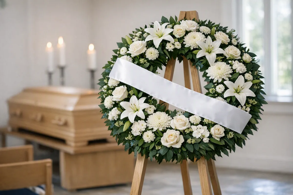 Couronne mortuaire de lys et roses blancs sur chevalet avec ruban